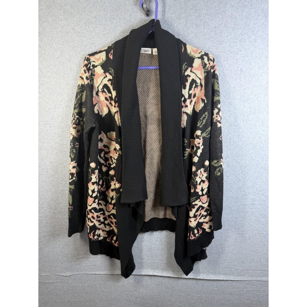 Cato Cardigan Sweater Womens Medium Black Floral Open Front Knit Long Sleeve